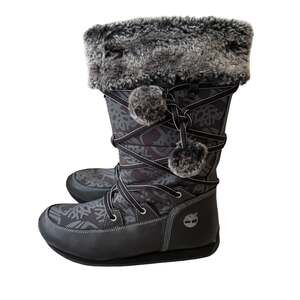 Timberland Women's Black & Gray Faux-Fur Pom Pom Winter Boots 7